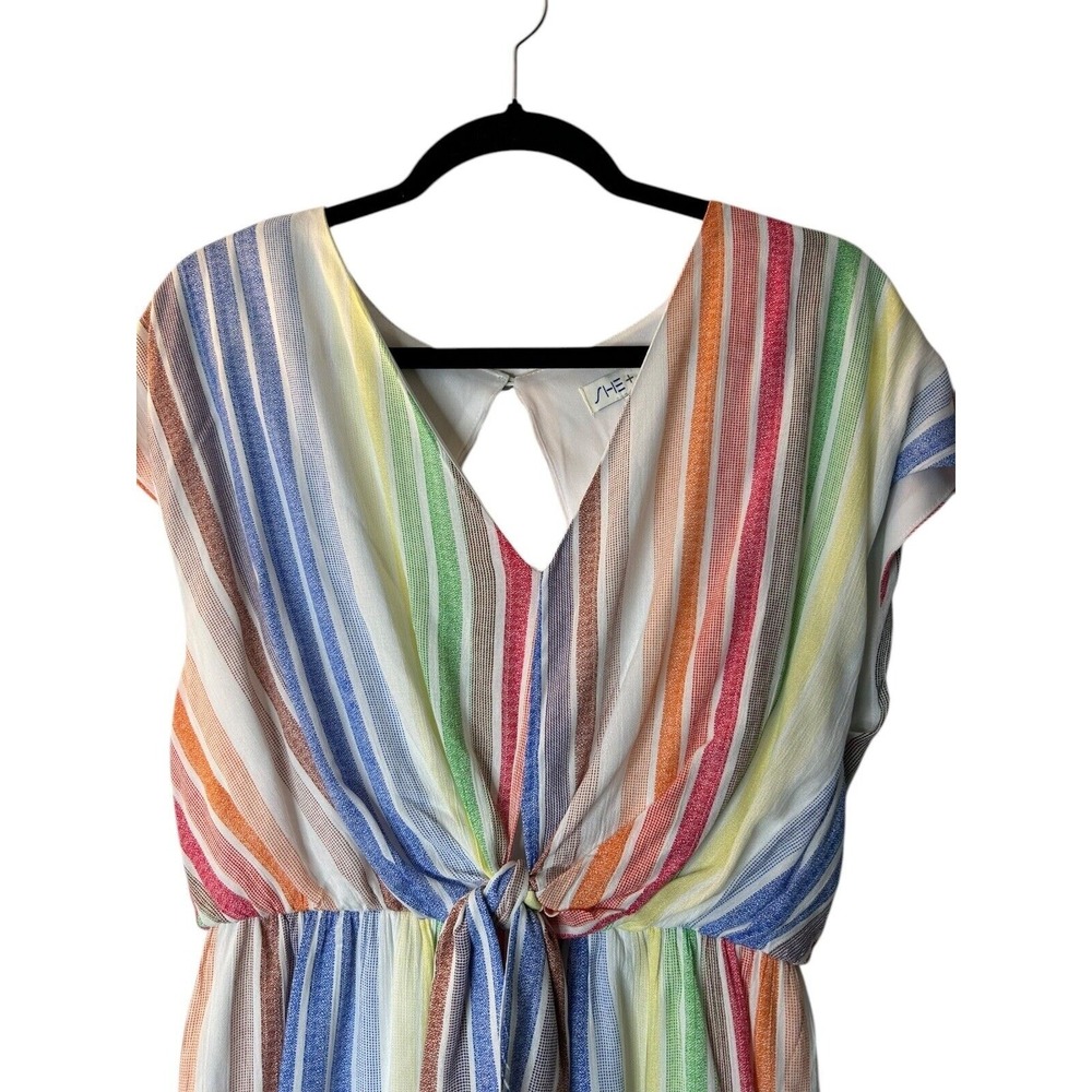 She + Sky Romper Size L Multicolor Rainbow Striped Short Sleeve Open Back V-Neck - Picture 2 of 11
